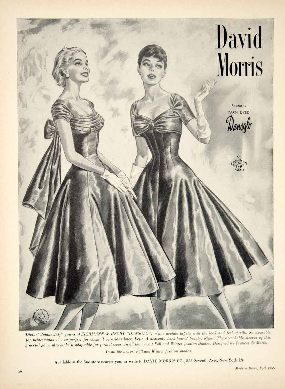 1956 Ad Frances de Maria Taffeta Silk Bridesmaid Cocktail Dress Bridal YBSM2