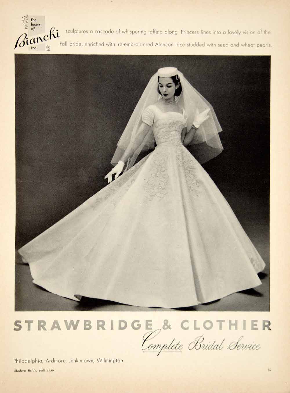 1956 Ad Bianchi Wedding Dress Bridal Gown Bride Veil Alencon Lace Gloves  YBSM2
