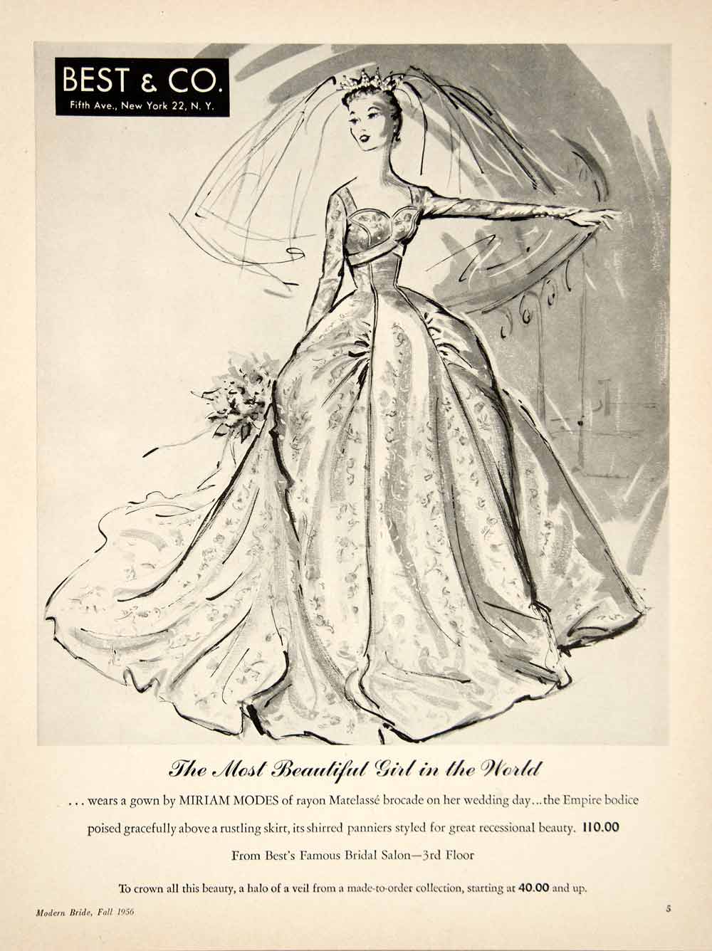 1956 Ad Miriam Modes Brocade Wedding Dress Gown Bride Veil Empire Bodice YBSM2