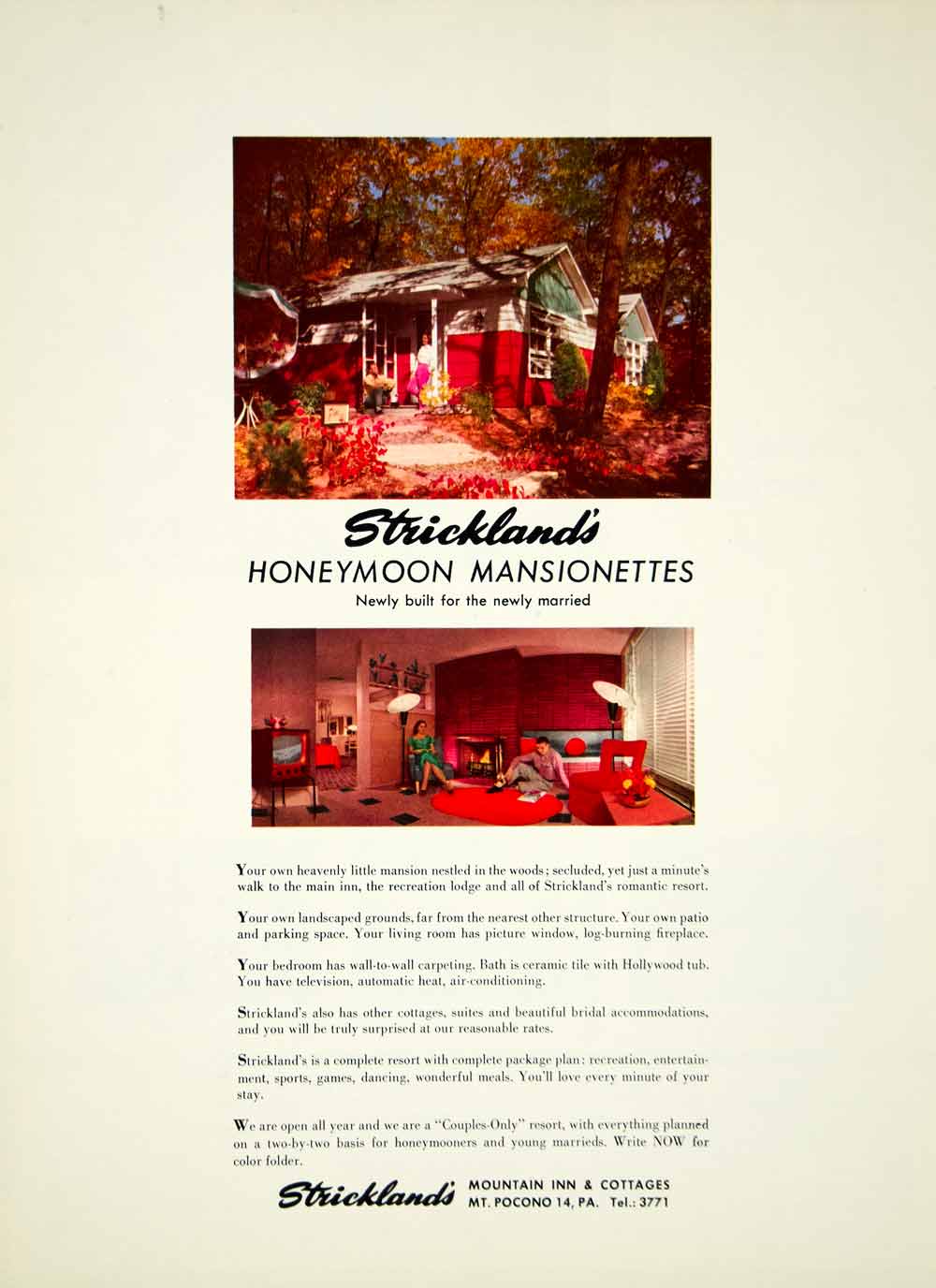 1956 Ad Stricklands Honeymoon Mansionettes Mountain Inn Cottage Resort YBSM2