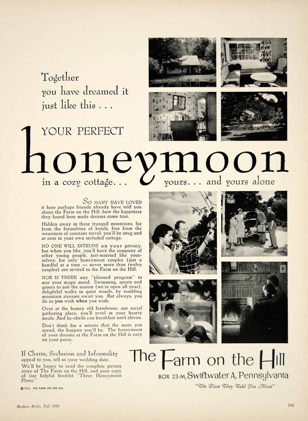 1956 Ad Farm Hill Resort Honeymoon Cottage Tourism Travel Hotel Swiftwater YBSM2