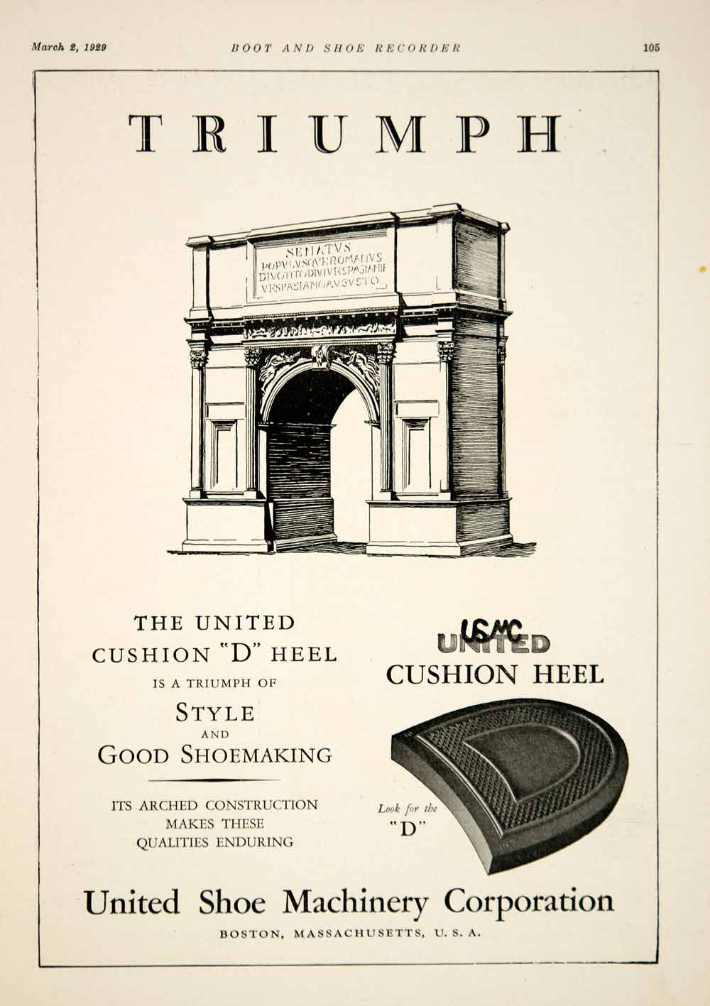 1929 Ad Arc Triumph United Cushion Heels Womens Fashion Shoes Boston YBSR1