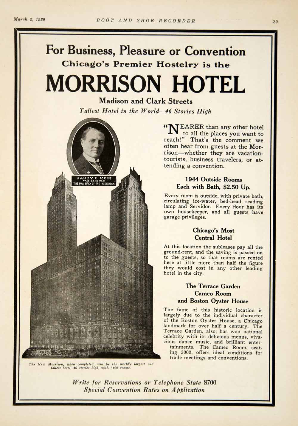 1929 Ad Morrison Hotel Madison Clark Street Chicago Illinois Hospitality YBSR1