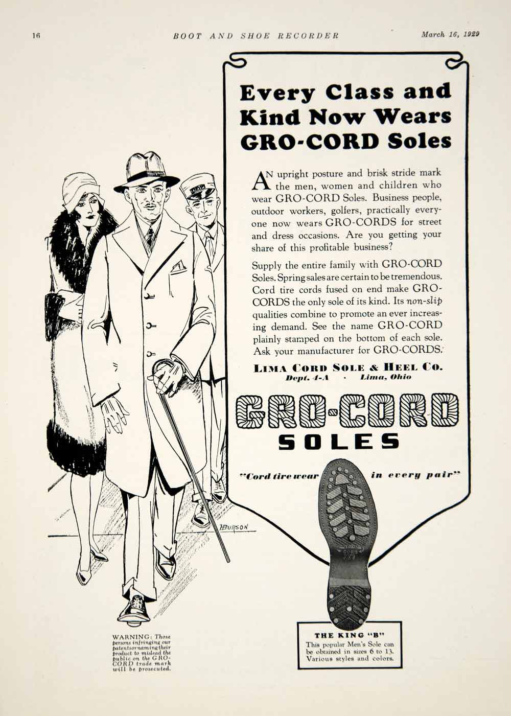 1929 Ad Gro-Cord Soles Lima Cord Heel Company King B Ohio Shoe Fashion YBSR1