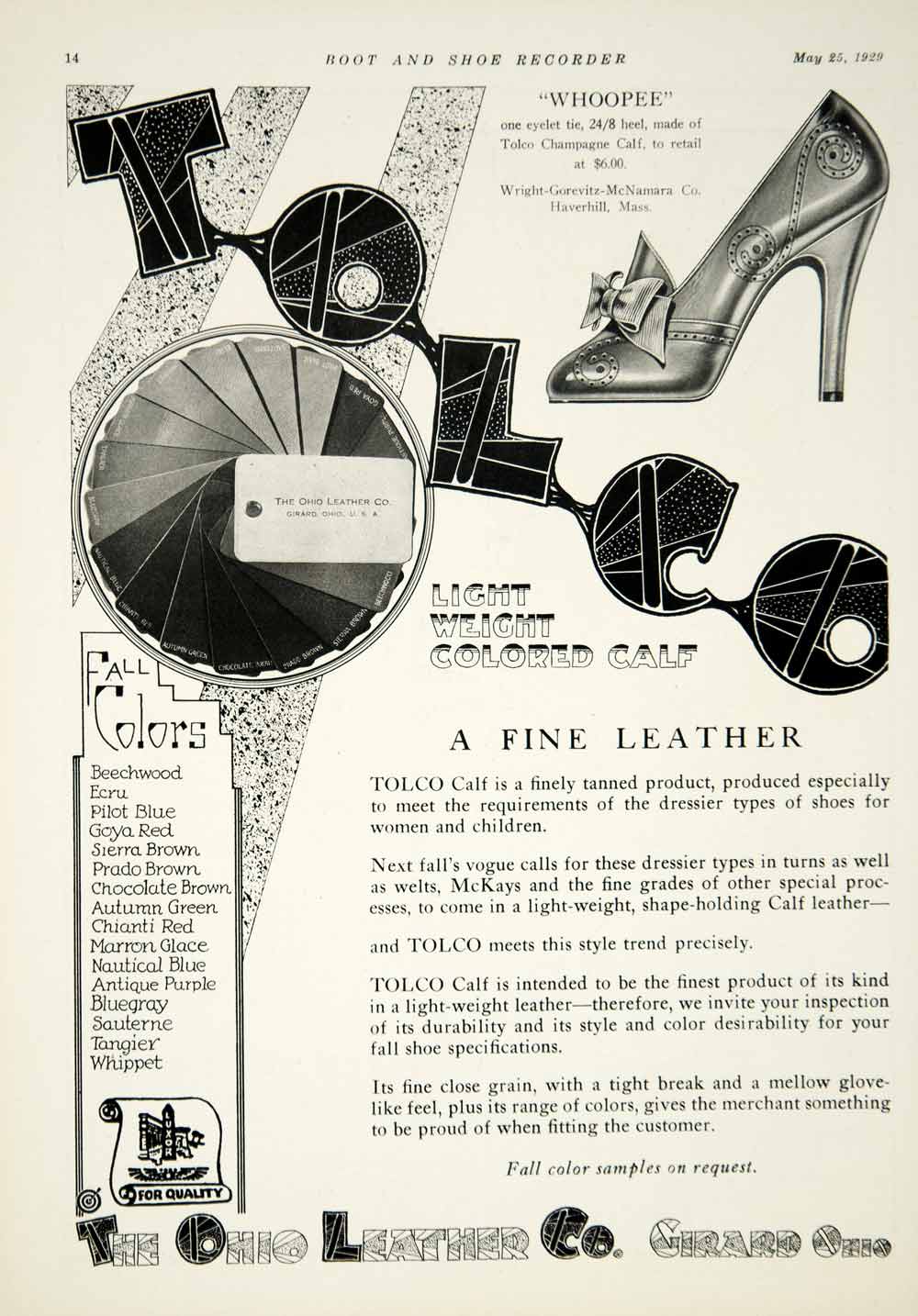 1929 Ad TOLCO Colored Calf High Heels Women Fashion Footwear Shoe Ohio YBSR1