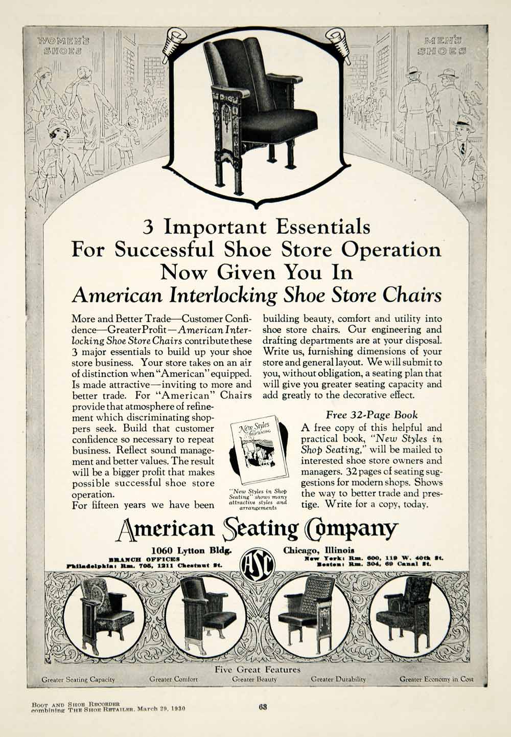 1930 Ad American Seating Company Shoe Store Chairs Chicago Illinois YBSR1