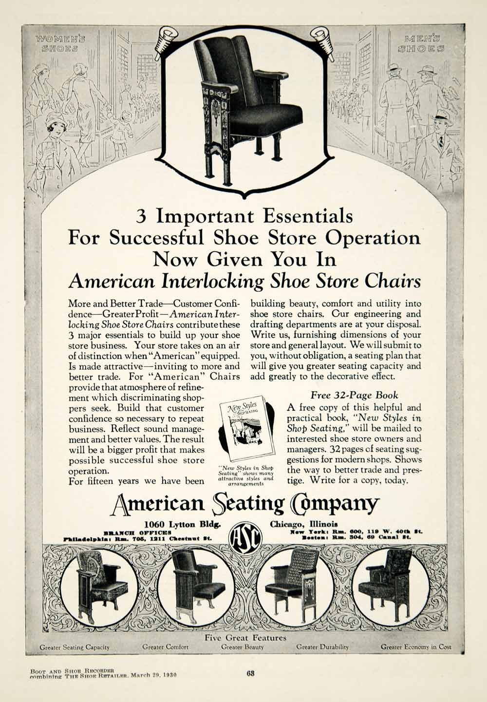 1930 Ad American Seating Company Shoe Store Chairs Chicago