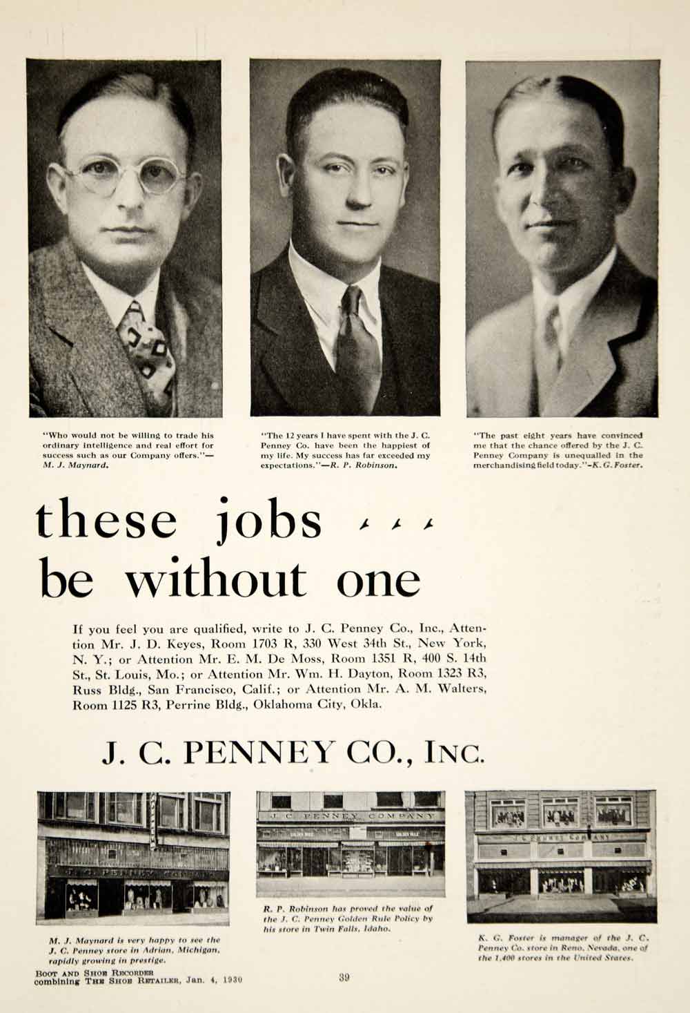 1930 Ads J. C. Penny Department Store Job Recruitment Business Men Suit YBSR1