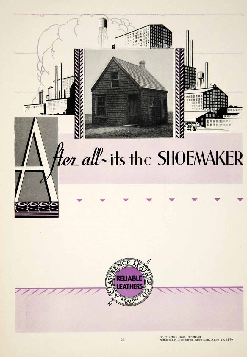 1930 Ads A C Lawrence Leather Company Cityscape Shoemaker Shoes Typogr ...