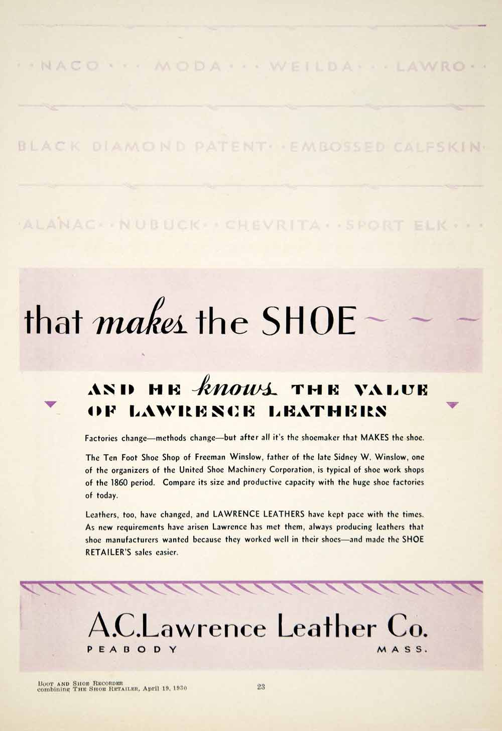 1930 Ads A C Lawrence Leather Company Cityscape Shoemaker Shoes Typography YBSR1