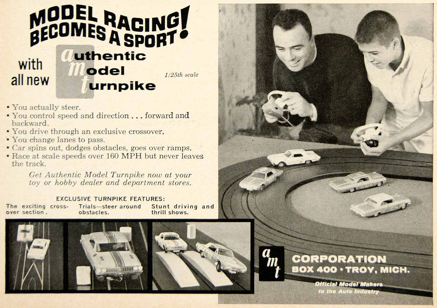 1962 Ad Authentic Model Turnpike AMT Troy MI Toy Hobby Table Racetrack Car YCD1