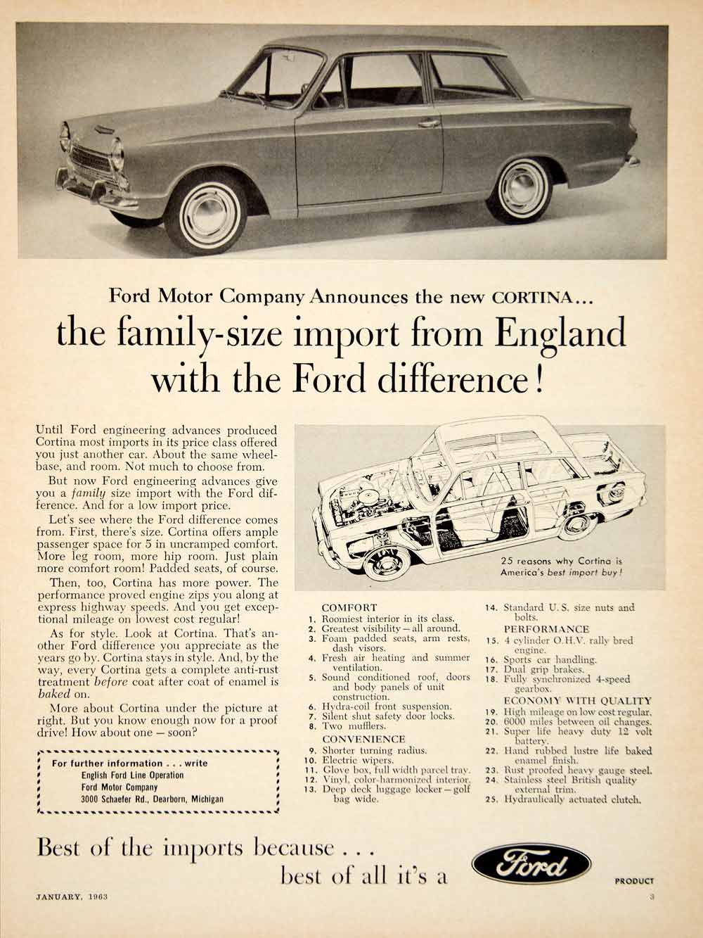 1963 Ad Ford Cortina 2 Door Compact Family Car British Import 4 Cylinder YCD2