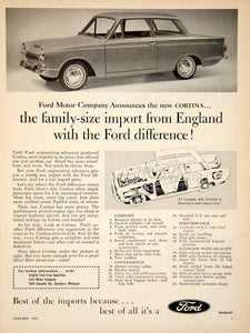 1963 Ad Ford Cortina 2 Door Compact Family Car British Import 4 Cylinder YCD2