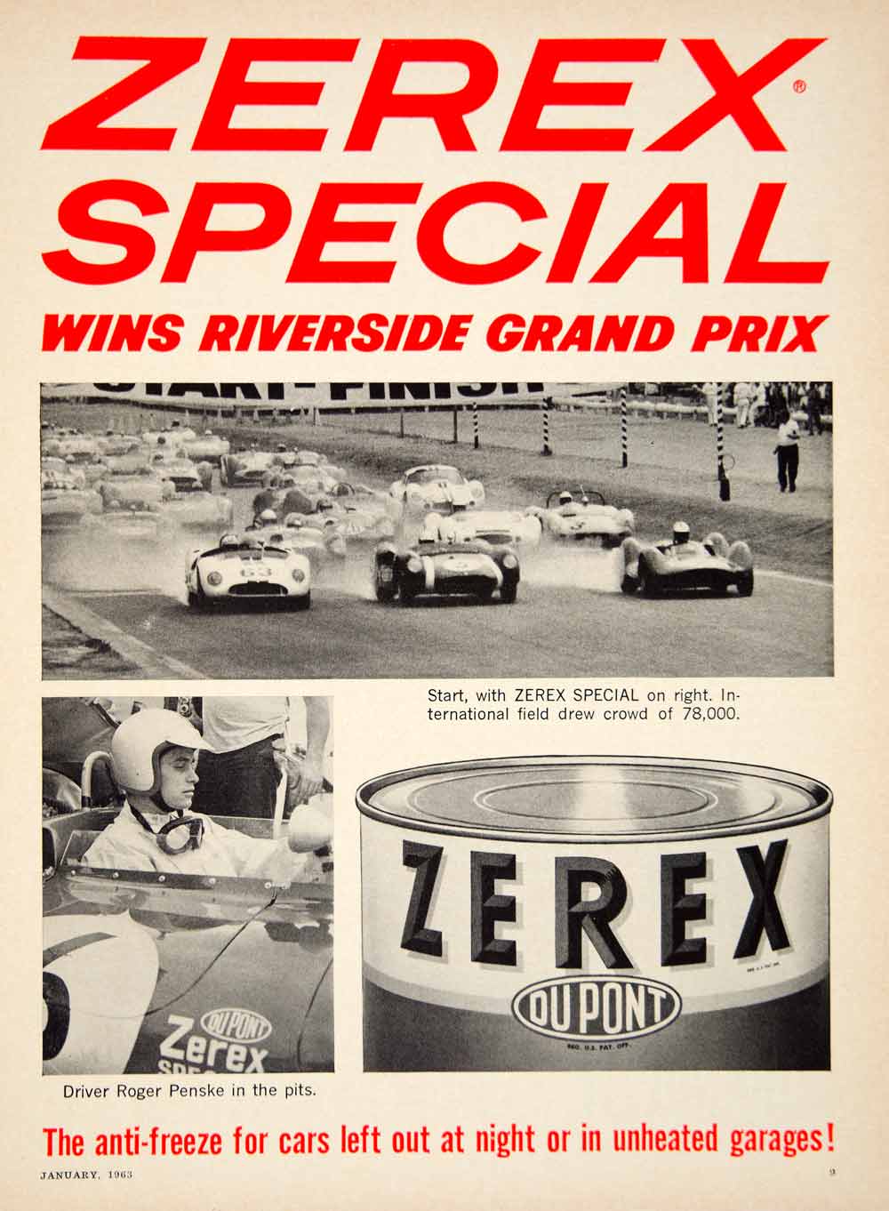 1963 Ad Dupont Zerex Special Antifreeze Riverside Grand Prix Race Roger YCD2