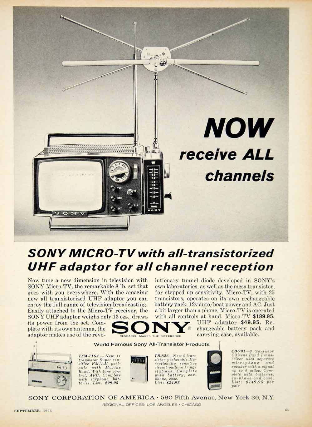 1963 Ad Sony Micro TV Set UHF Adaptor Antenna Electronics 580 Fifth Avenue YCD2
