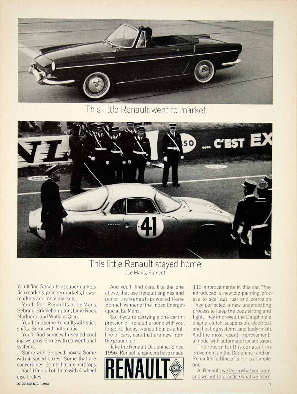 1963 Ad 1964 Renault Dauphine 2 Door Convertible Le Mans Race Car French YCD2