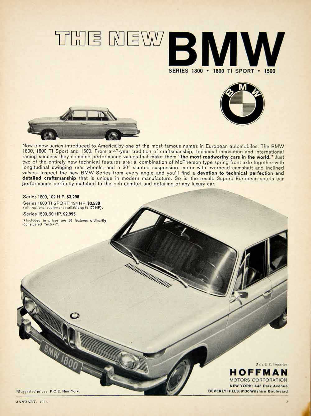 1964 Ad BMW 1800 Series 4 Door Sedan 1.8L I4 Engine TI Sport German Import YCD3