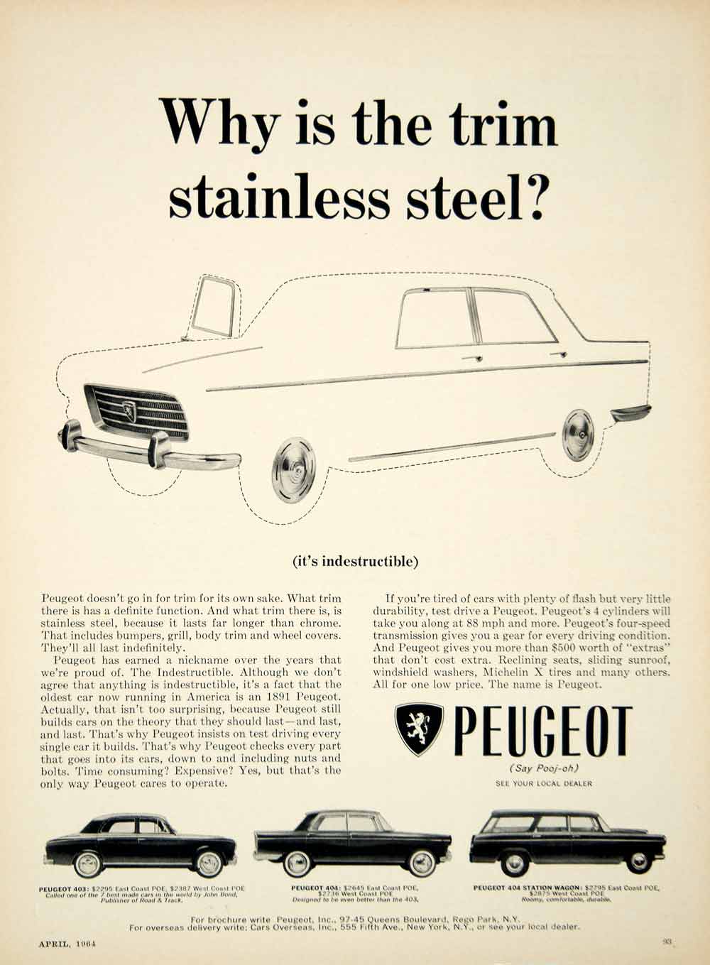 1964 Ad Peugeot 403 404 Station Wagon 4Door Sedan Car Stainless Steel Trim YCD3
