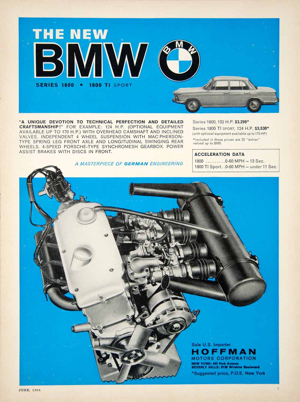 1964 Ad BMW Series 1800 TI Sport 4 Door Sedan 1.8L I4 Engine German Import YCD3