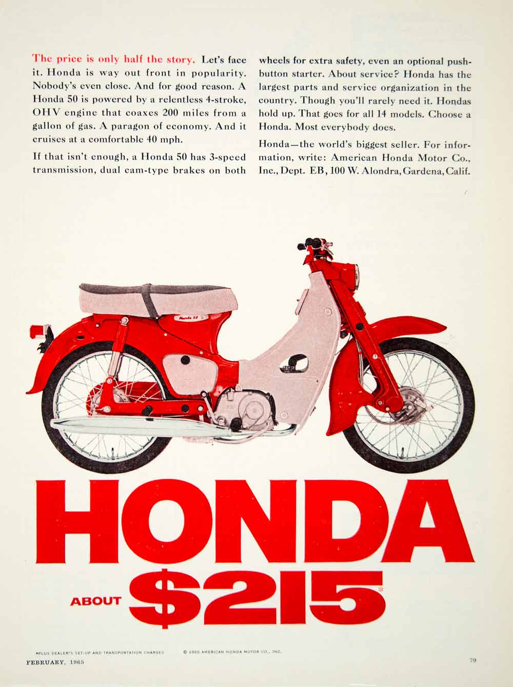 1965 Ad Honda 50 Motorcycle 4-Stroke OHV Engine 100 W Alondra Gardena YCD3
