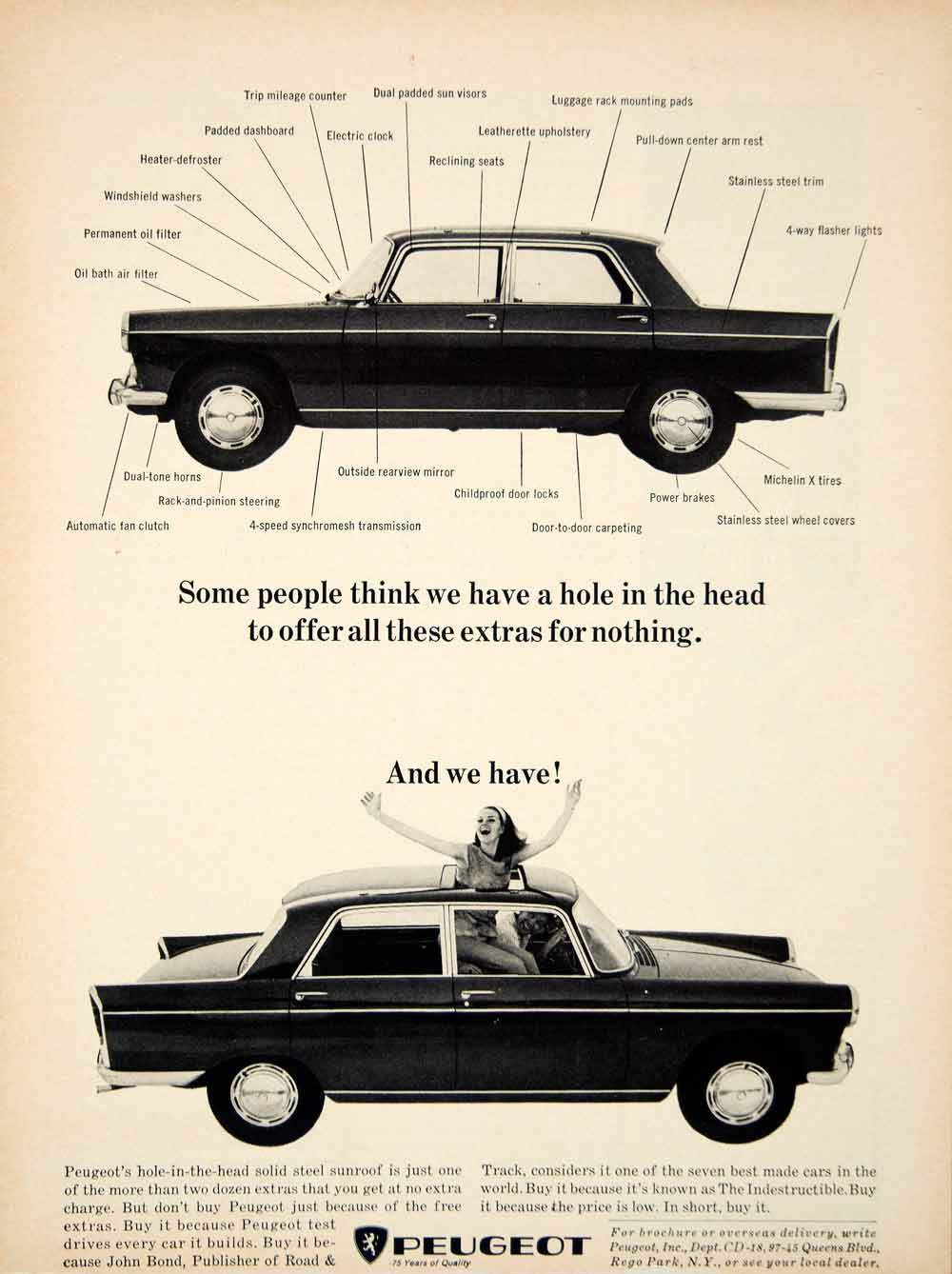 1966 Ad Peugeot 4 Door Saloon Family Car French Import Sunroof Hole Head YCD4