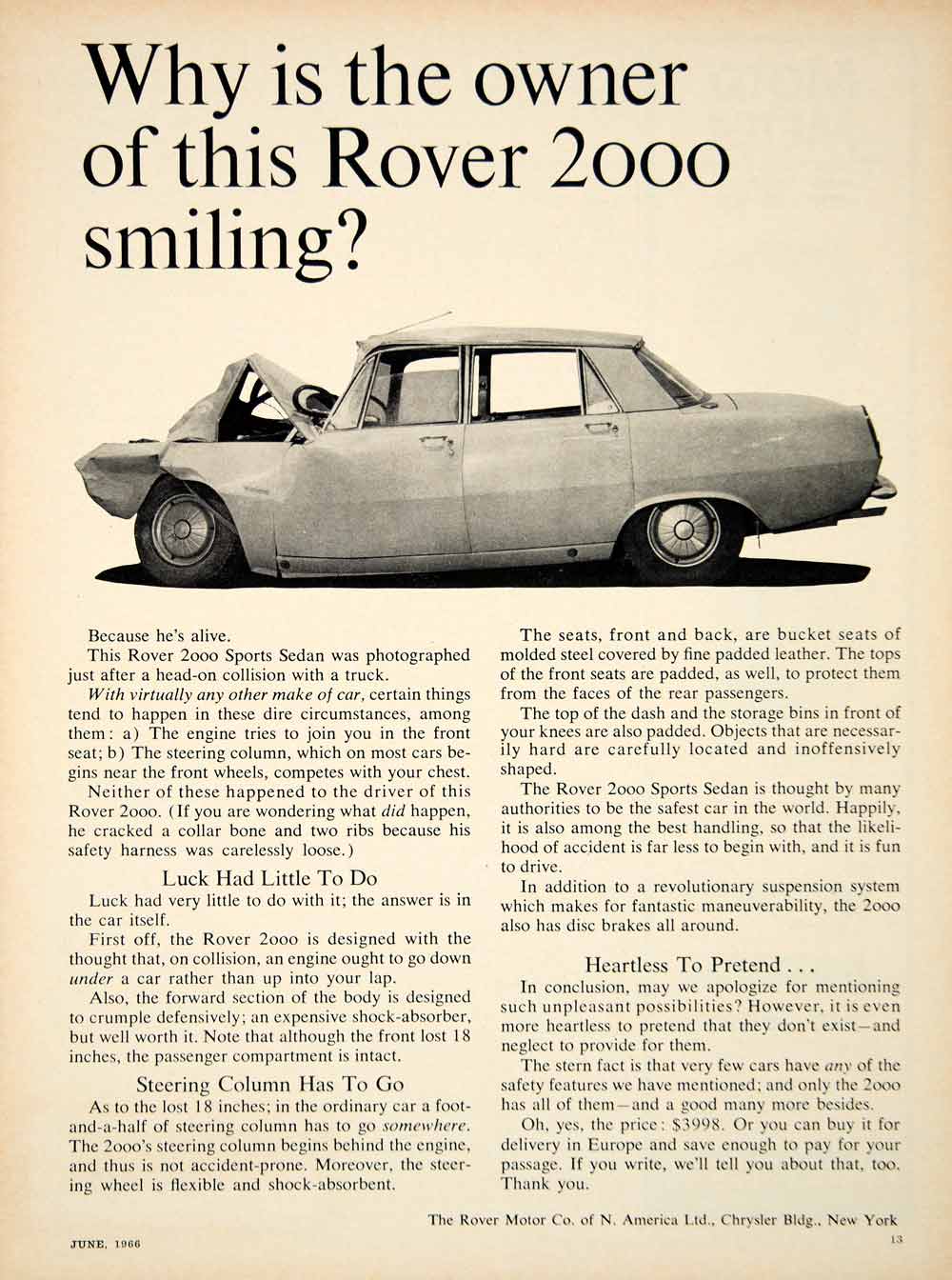 1966 Ad Rover P6 4 Door Saloon 2000 UK Import Car 2.0L I4 OHC Engine Wreck YCD4