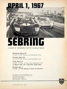 1967 Ad Sebring 12 Hour Endurance Race Alitalia Trophy Automobile Racing YCD5