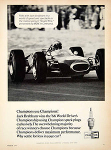 1967 Ad Champion Spark Plugs Jack Brabham Grand Prix Formula 1 Race Car YCD5