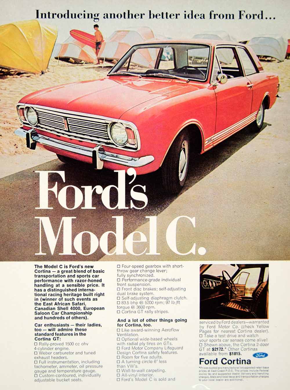 1967 Ad Ford Cortina 2 Door Sports Car 4 Cylinder Engine GT Rally Stripes YCD5