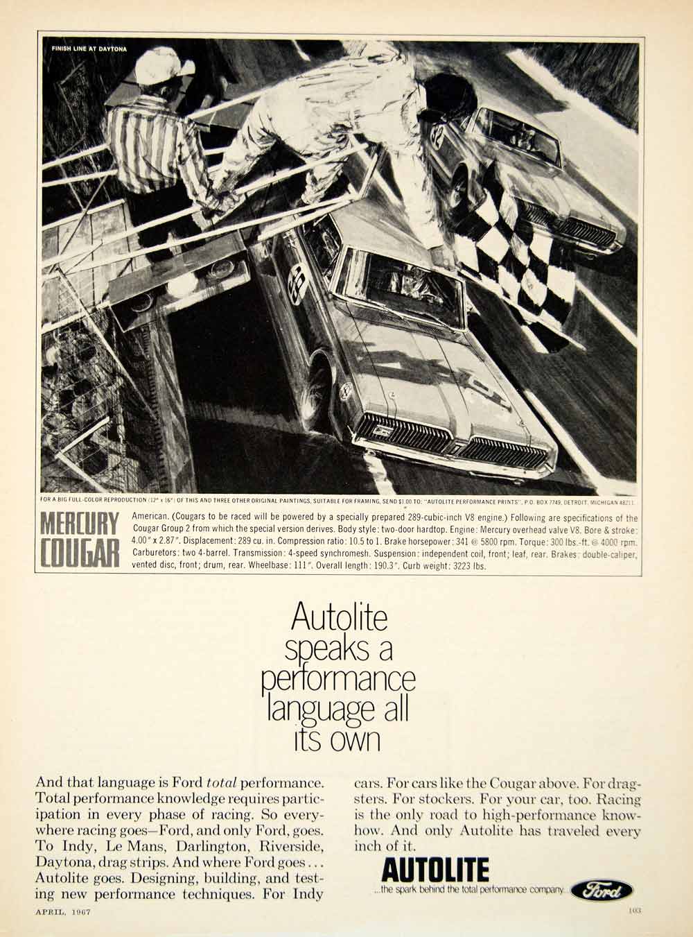 1967 Ad Autolite Spark Plugs Ford Mercury Cougar XR-7 Daytona Racing Finish YCD5