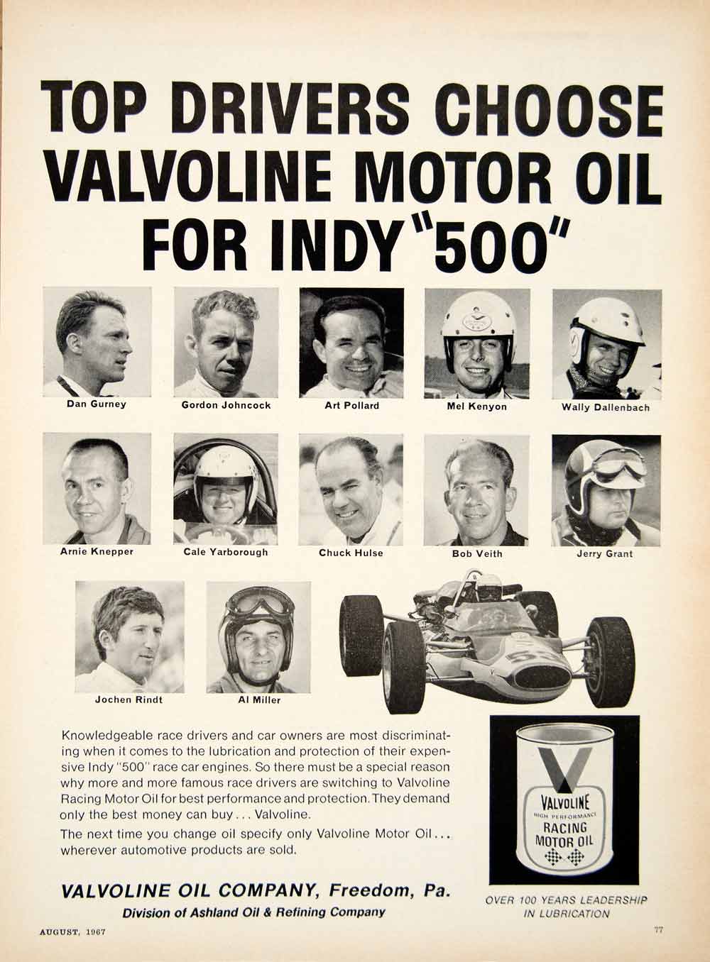 1967 Ad Valvoline Motor Oil Indianapolis 500 Race Car Driver Engine YCD5