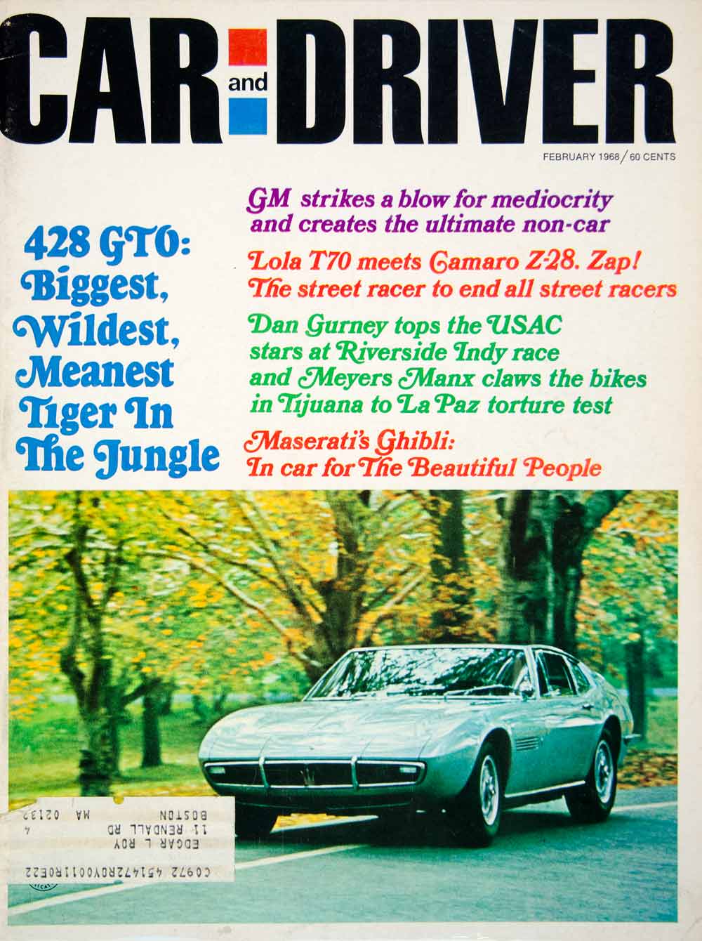 1968 Cover Car Driver Maserati Ghibli Italian Import Sports Car 2 Door YCD6