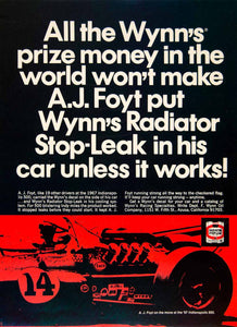1968 Ad Wynns Radiator Stop Leak AJ Foyt 1151 W Fifth St Azusa CA Race Car YCD6