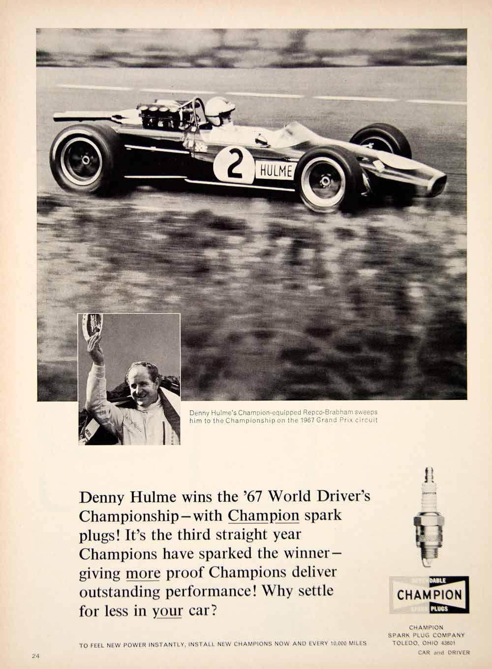 1968 Ad Champion Spark Plugs Denny Hulme Race Car Driver Grand Prix YCD6