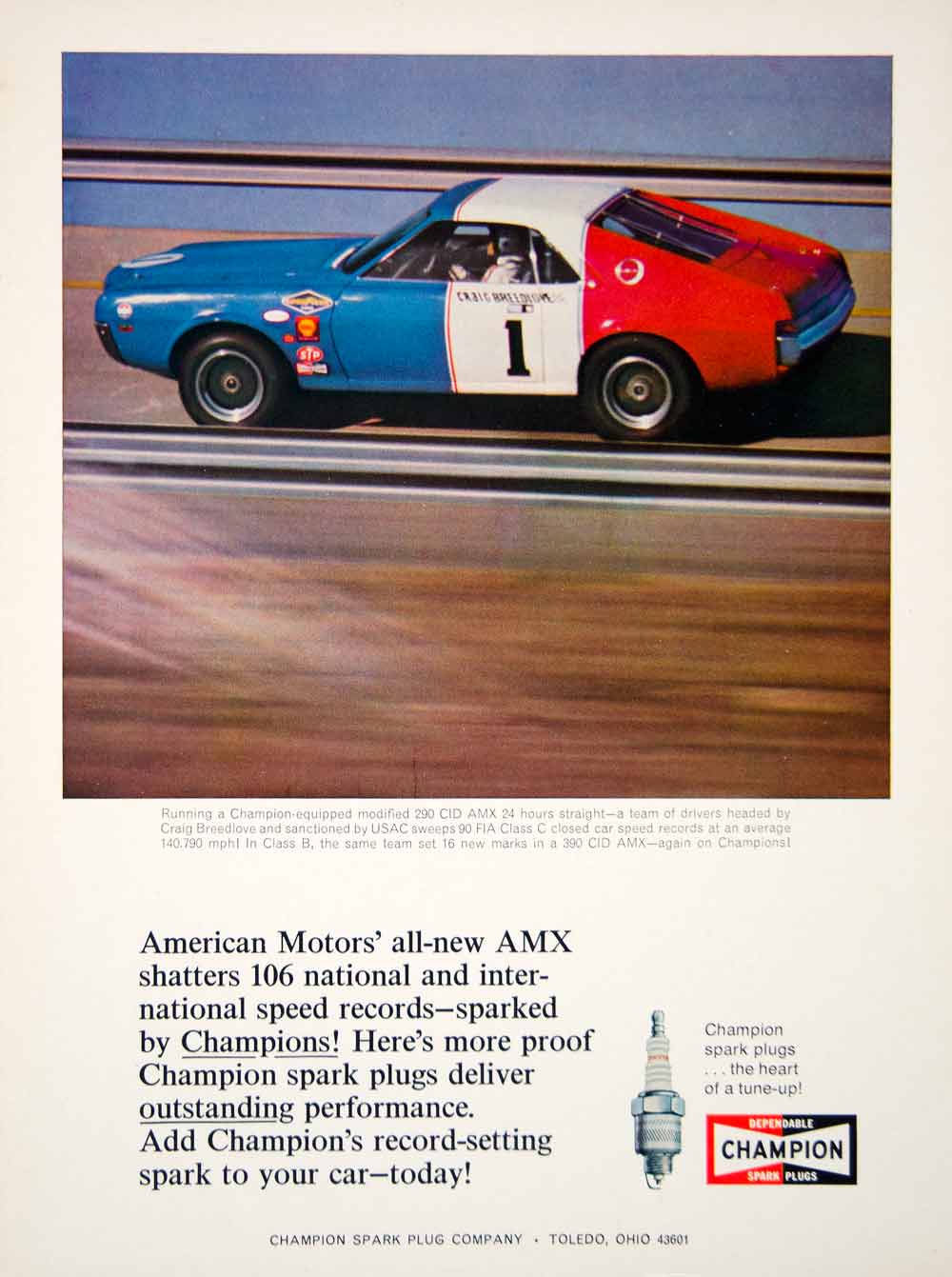 1968 Ad Champion Spark Plugs Racing 290 CID AMX Craig Breedlove Car Part YCD6