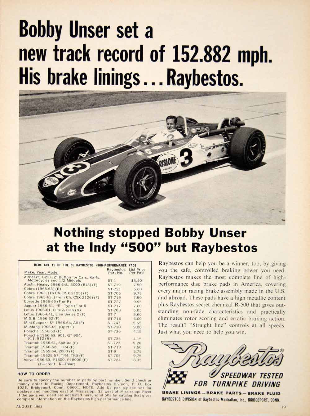 1968 Ad Bobby Unser Indy 500 Raybestos Speedway Racing Driver Brake Lining YCD6