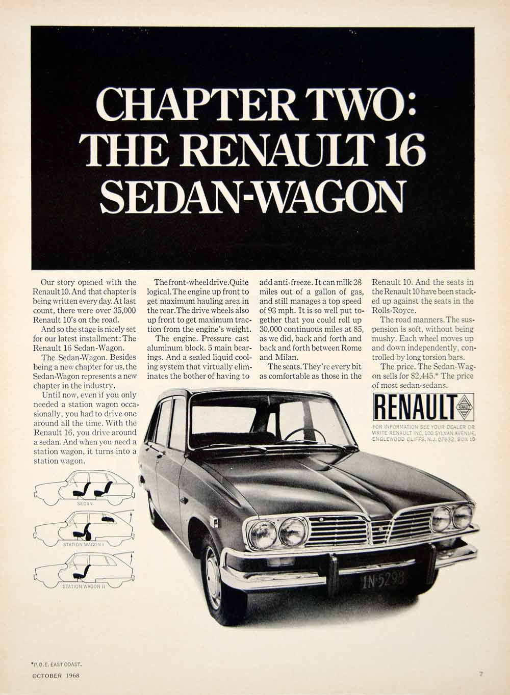 1968 Ad 1969 Renault 16TA Sedan Station Wagon Family Car Import 5 Door YCD6