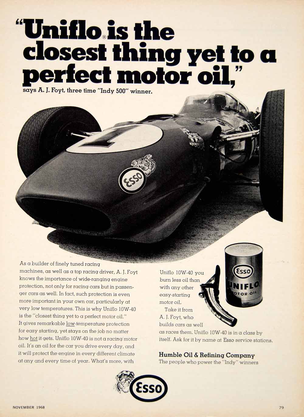 1968 Ad Uniflo Esso Motor Oil Tiger AJ Foyt 10W-40 Race Car Driver Indy 500 YCD6