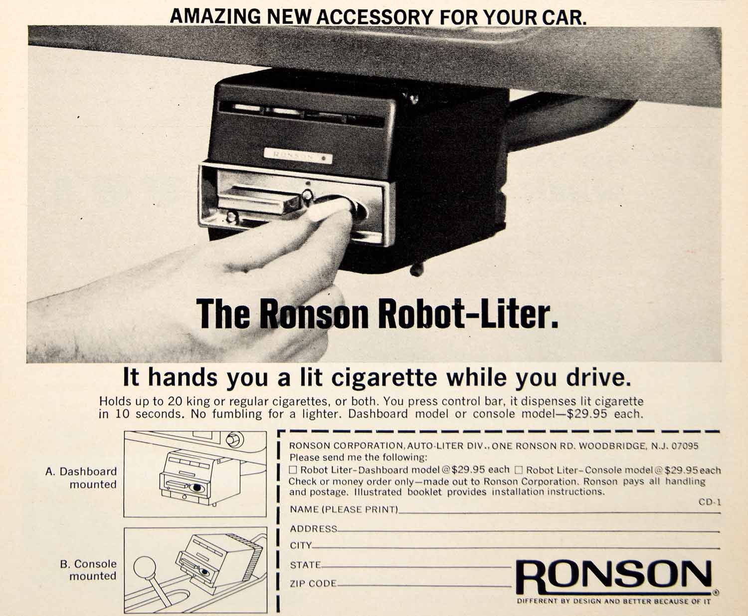 1968 Ad Ronson Robot-Liter Cigarette Lighter Auto Accessory Dashboard YCD6