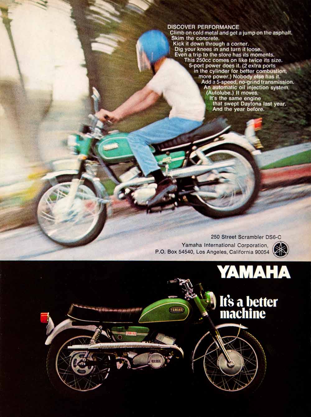 1969 Ad Yamaha 250cc Street Scrambler Motorcycle DS6-C 5-Speed Japanese YCD7
