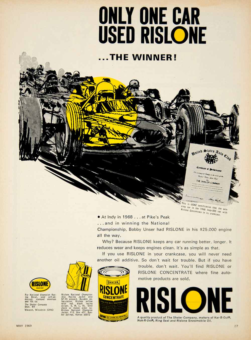 1969 Ad Shaler Rislone Concentrate Motor Oil Automotive Racing Car Bob ...