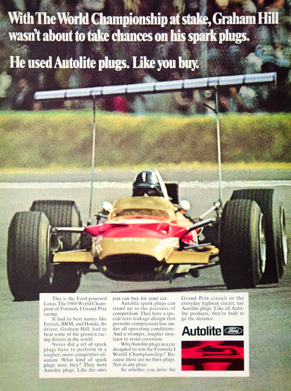 1969 Ad Autolite Spark Plugs Graham Hill Race Car Driver Lotus Formula 1 YCD7