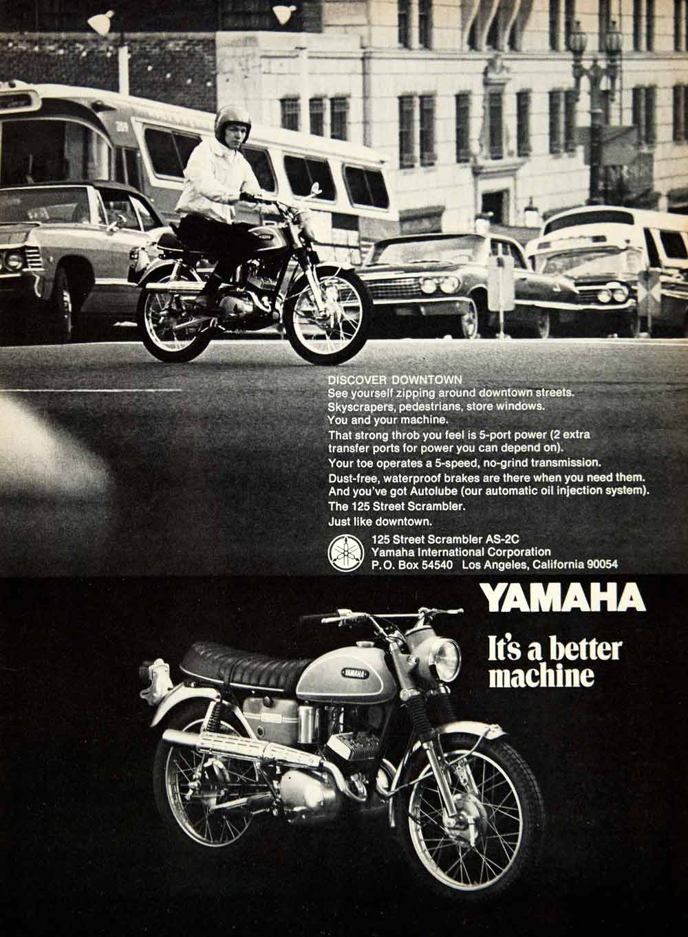 1969 Ad Yamaha 125cc Street Scrambler AS-2C Motorcycle Downtown Vehicle YCD7