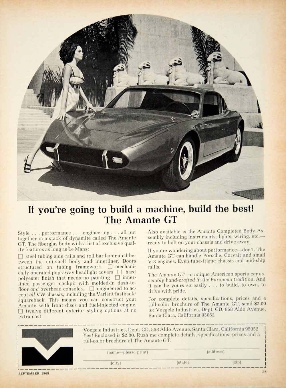 1969 Ad Amante GT Fiberglass Body Kit Sports Car 2 Door Coupe VW Chassis YCD7