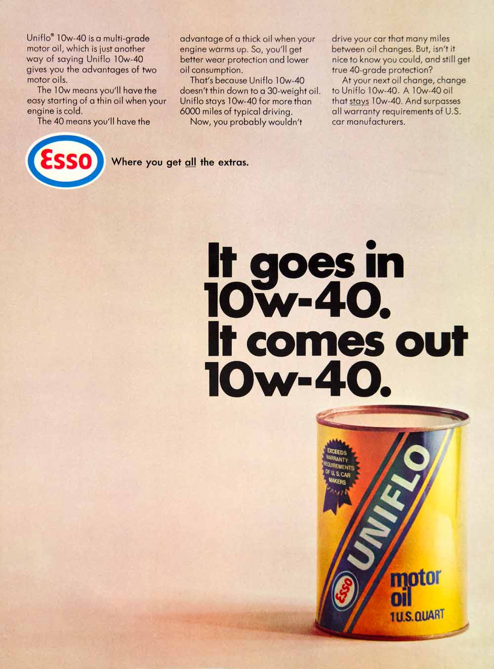 メンテナンス Esso Uniflo MOTOR OIL SAE10W-40 1969 Ad Esso Motor Oil 10W-40 Uniflo Quart Engine Lubricant