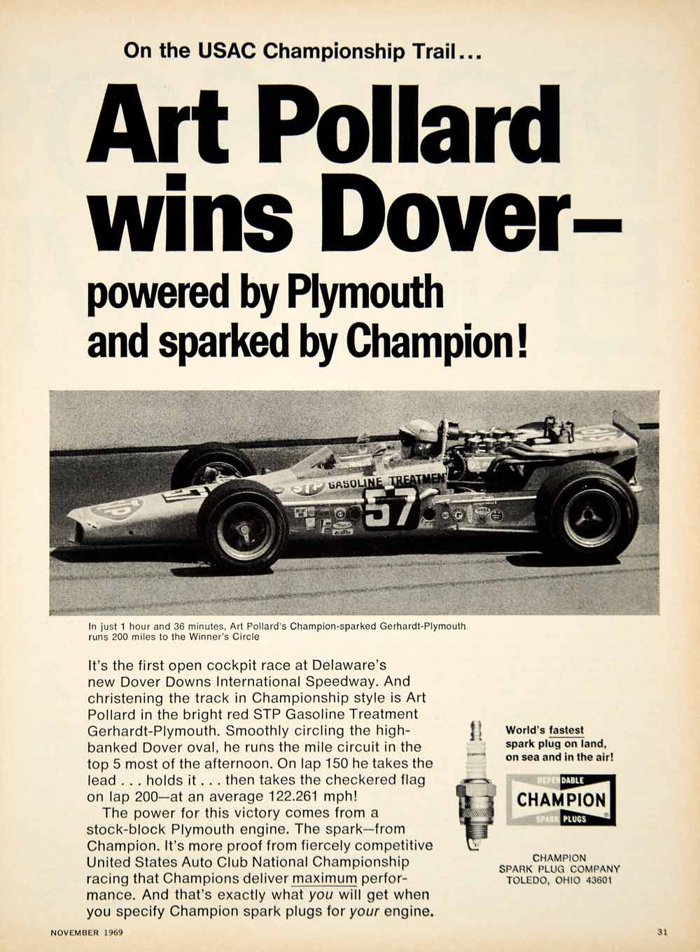 1969 Ad Champion Spark Plugs Art Pollard USAC Championship Race Car Driver YCD7