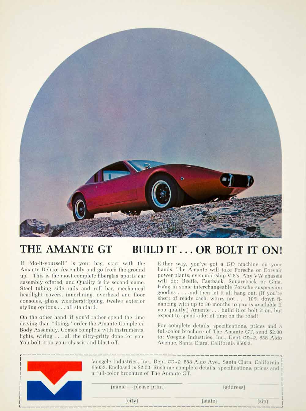 1969 Ad Voegele Ind Amante Deluxe Assembly GT Fiberglass Sports Car Body YCD7