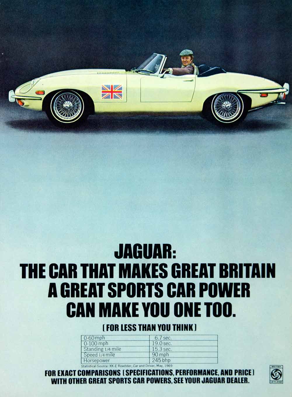 1970 Ad Jaguar XK-E 2 Door Roadster Sports Car Great Britain Flag Leyland YCD8