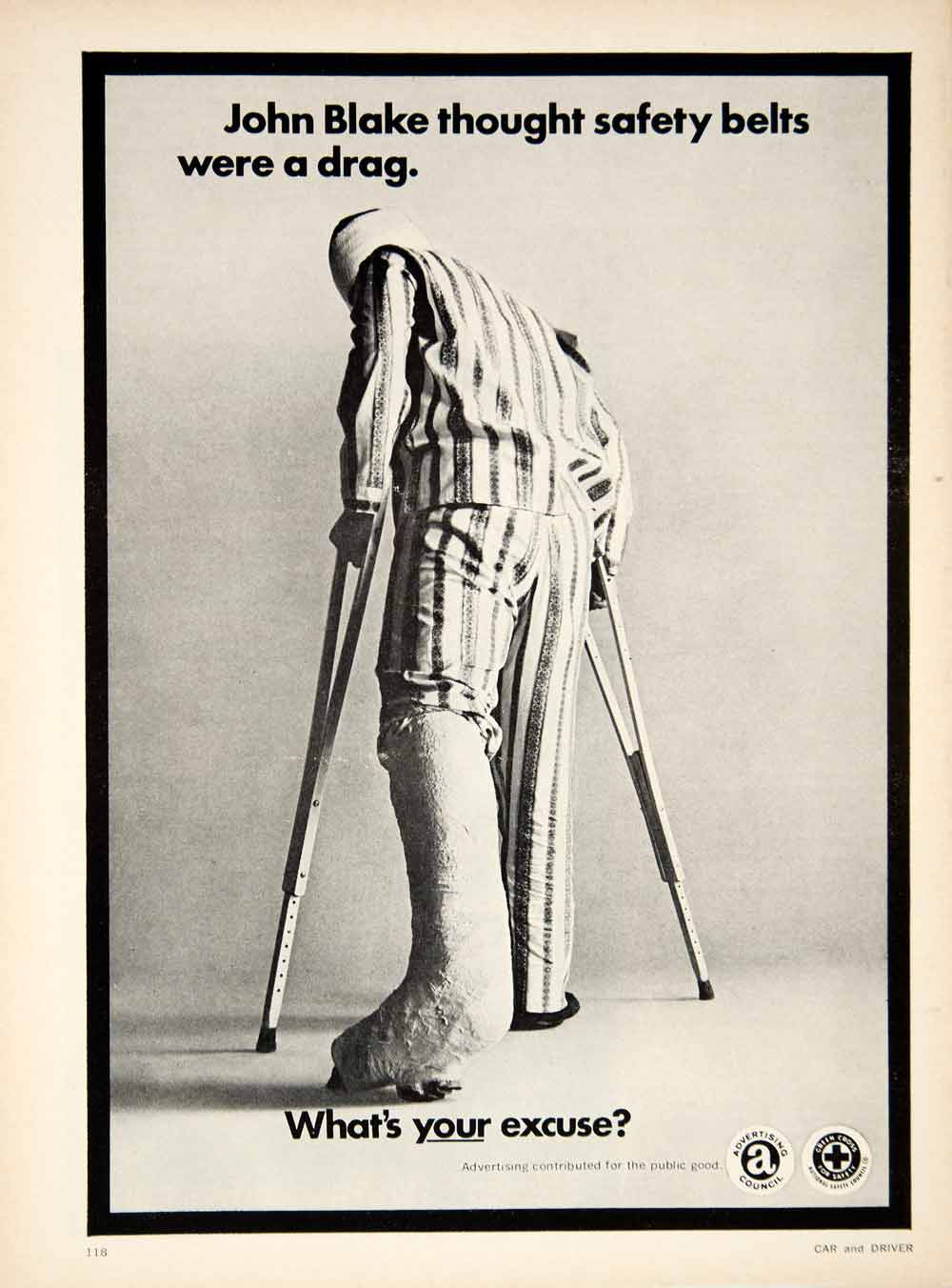 1970 Ad John Blake Cast Injury Crutches National Safety Council Green Cross YCD8