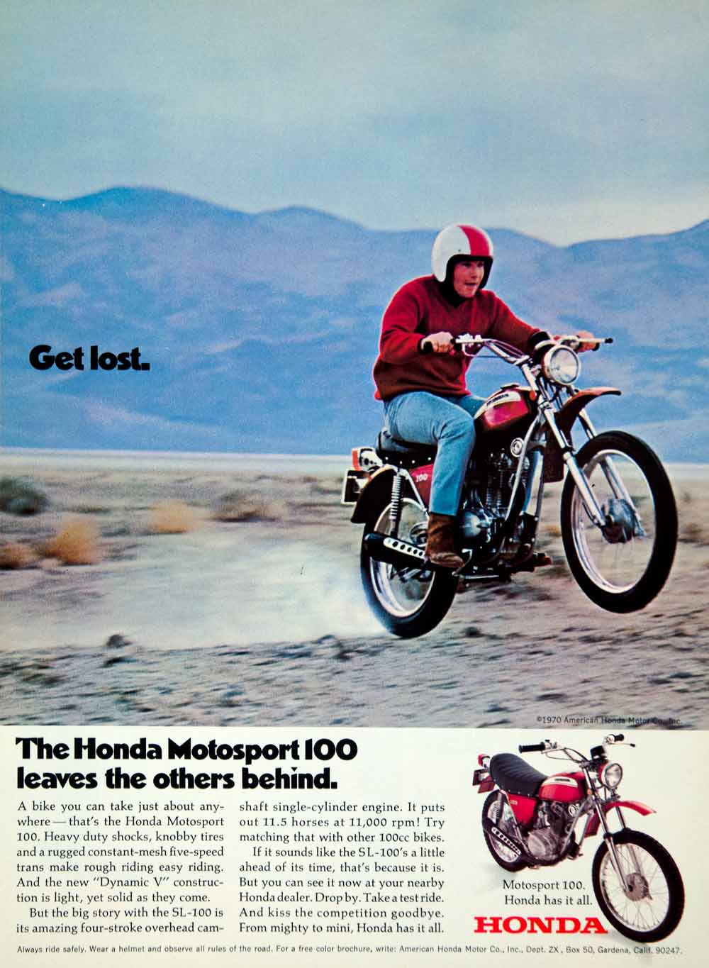 1970 Ad Honda Motorsport 100 Classic Motorcycle Transportation Get Lost YCD8